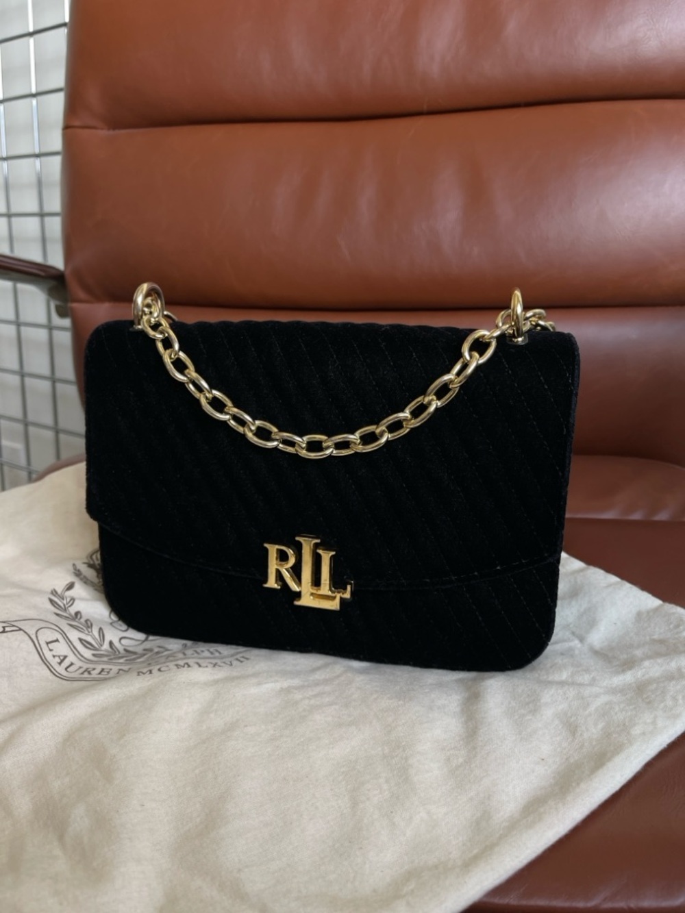 Lauren Ralph Lauren Black Quilted Velvet Shoulder Bag with Gold Chain Accent